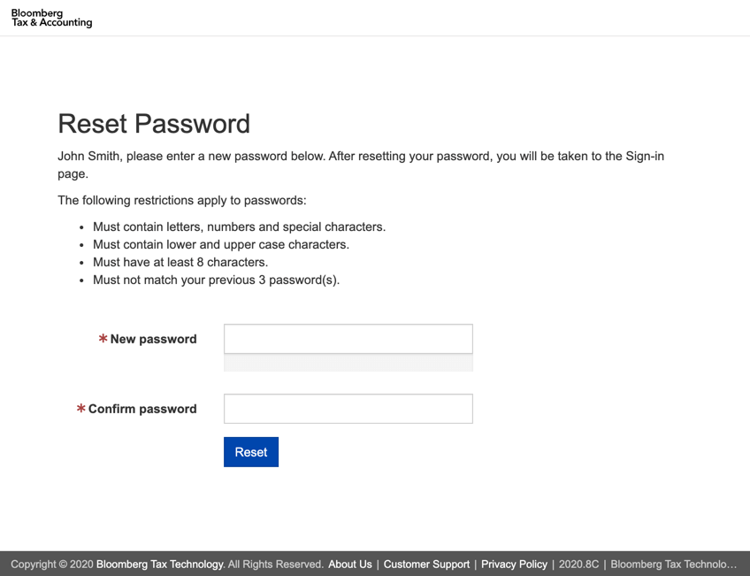 Screenshot of reset password page with new password fields