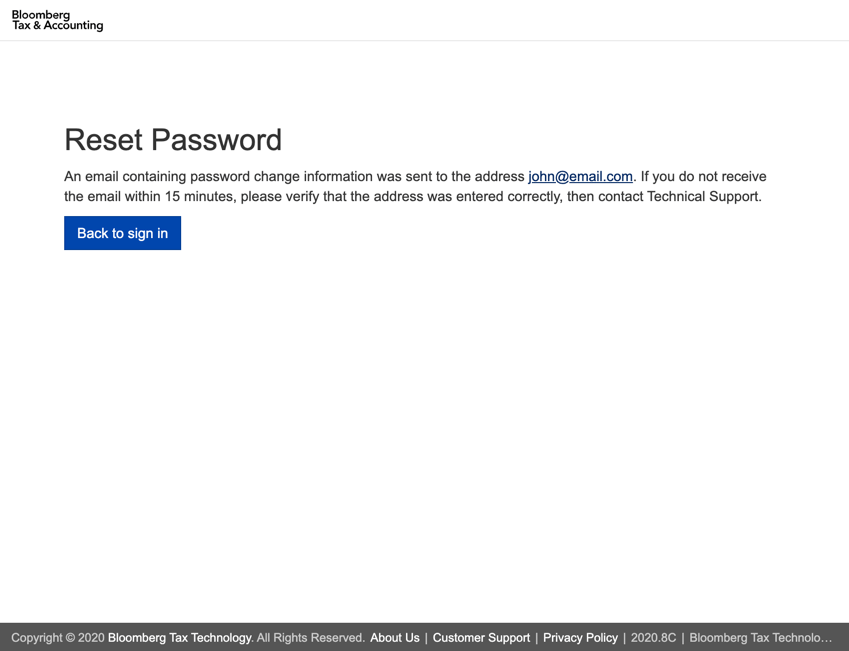 Screenshot of confirmation forgotten password page and dialog
